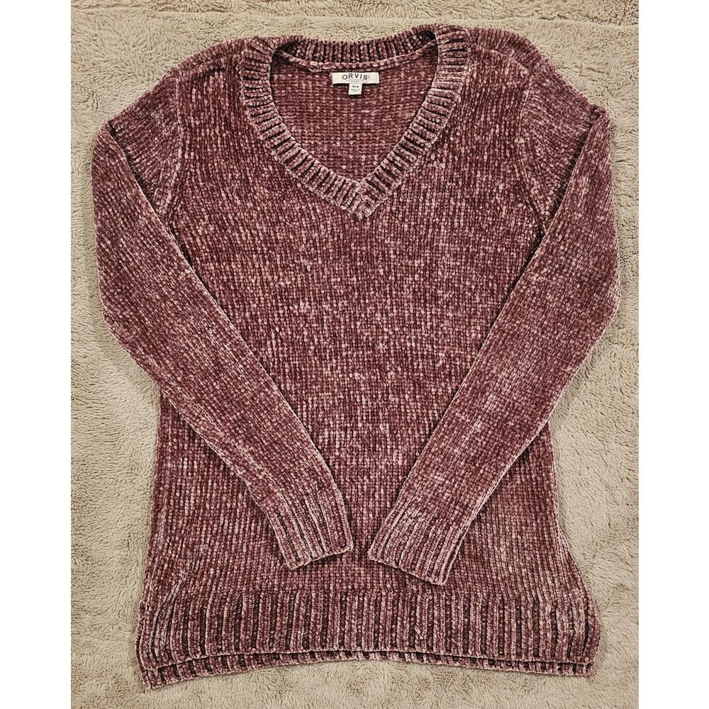 ORVIS Chenille Sweater Pink Misty Rose V Neck, Split Hem Soft Womens Sz M, New
